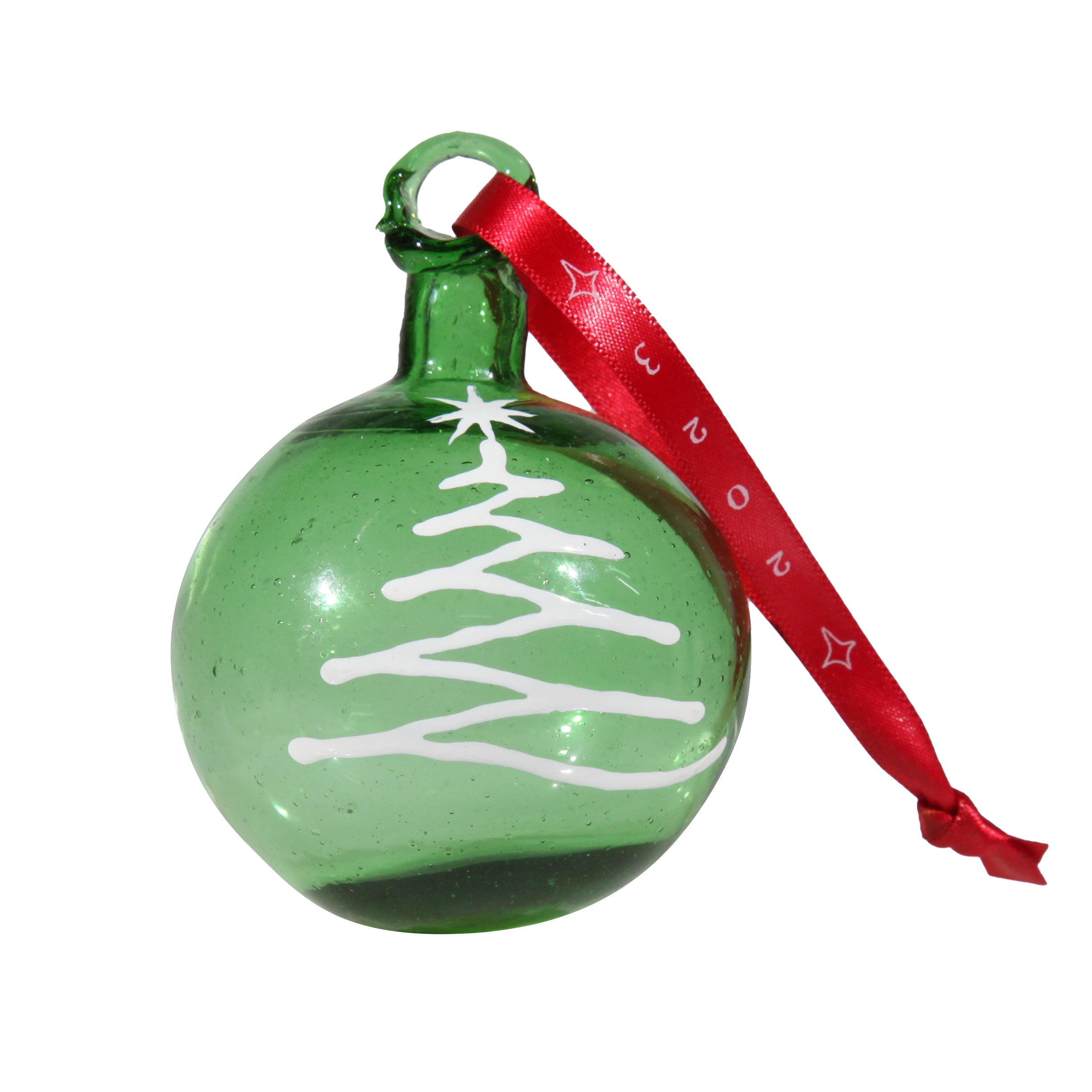 Green glass Christmas ornament painted with white tree on red ribbon