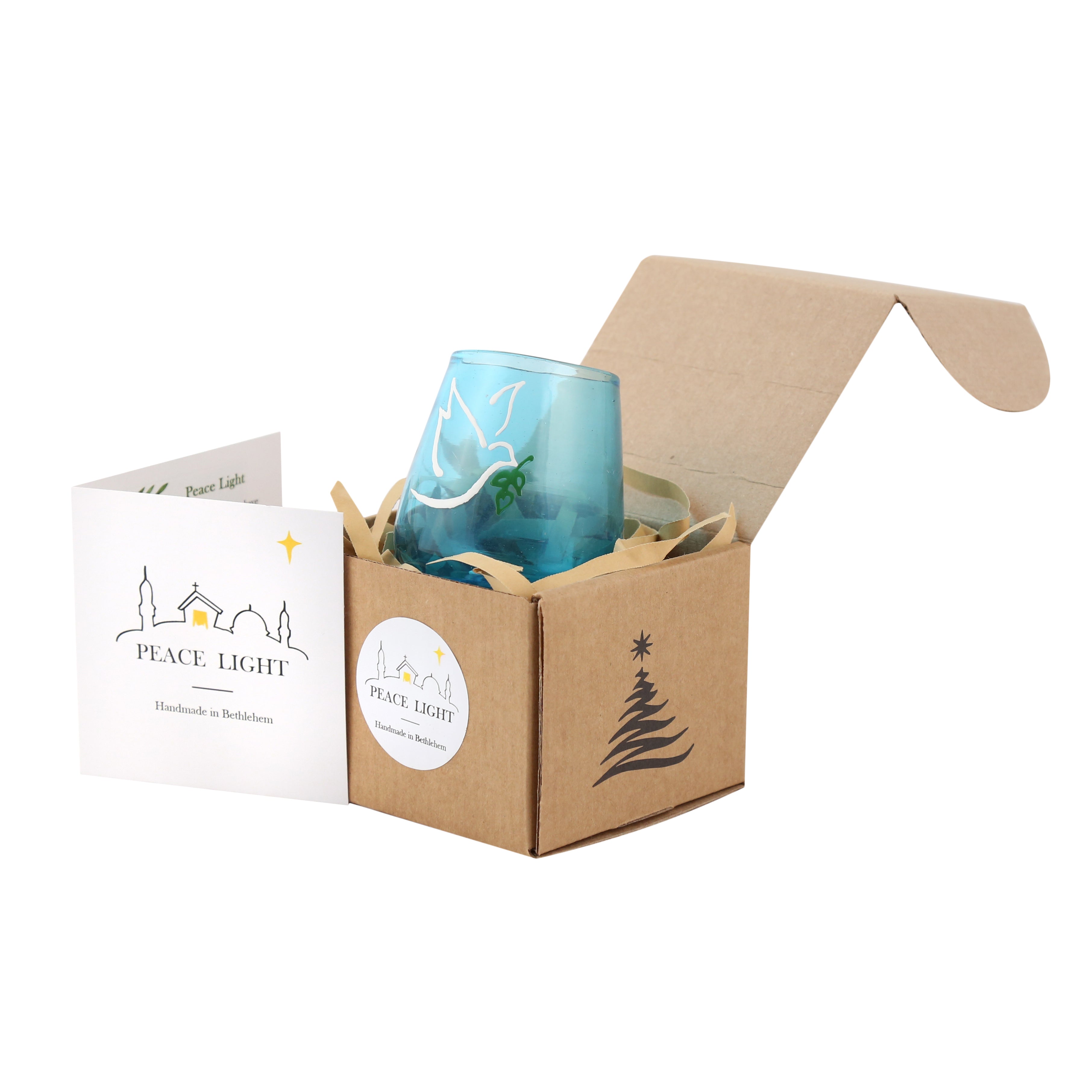 A hand-blown blue glass candle holder with a white dove and olive branch design, representing peace. Made in Bethlehem