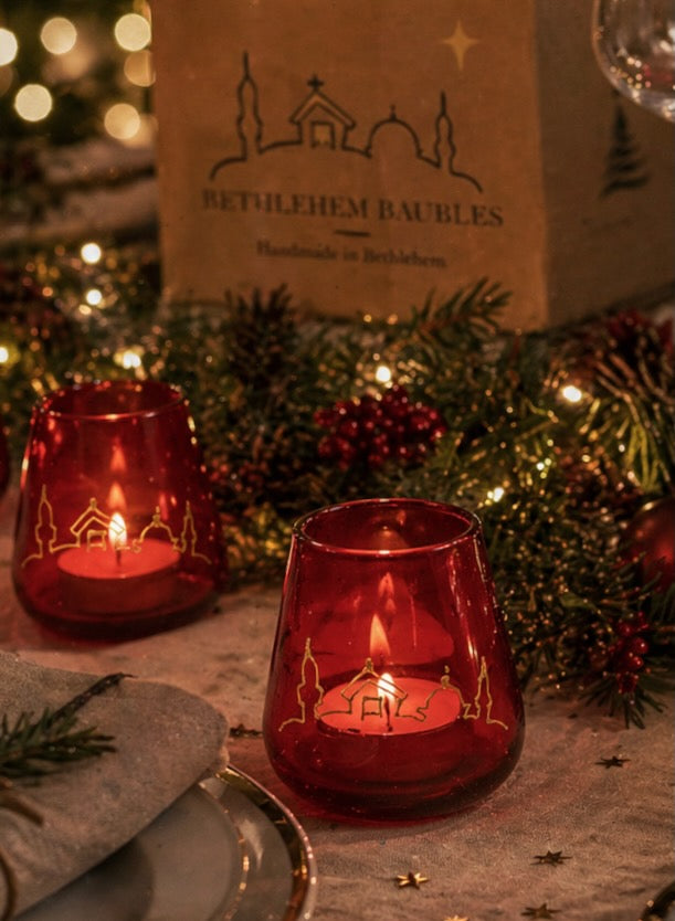 Red Tea Light with Gold Bethlehem Skyline
