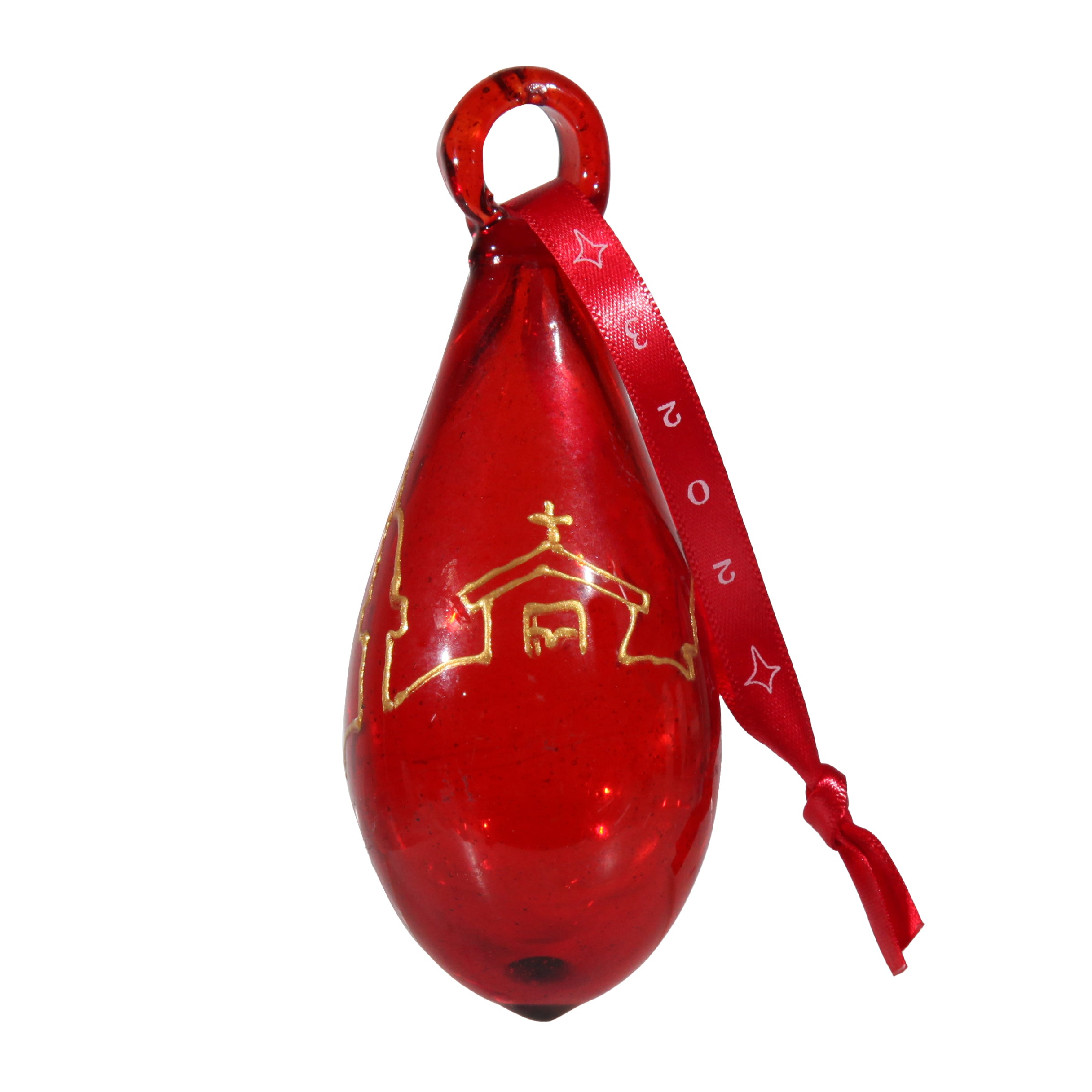 Red tear-shaped Christmas ornament made in recycled glass with gold Bethlehem skyline design