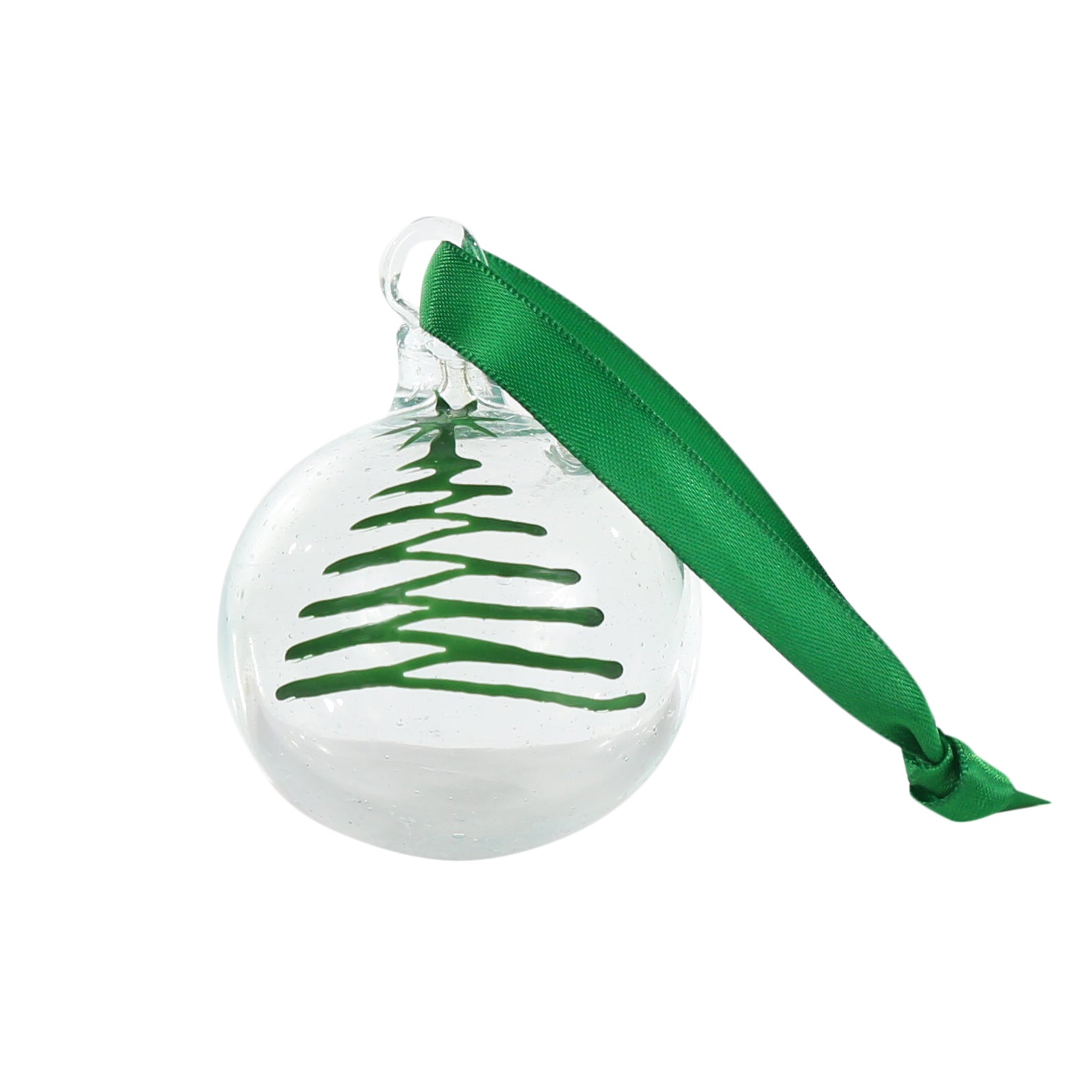 Clear glass Christmas decoration made from recycled glass in Bethlehem. Green painted tree and green ribbon. handmade
