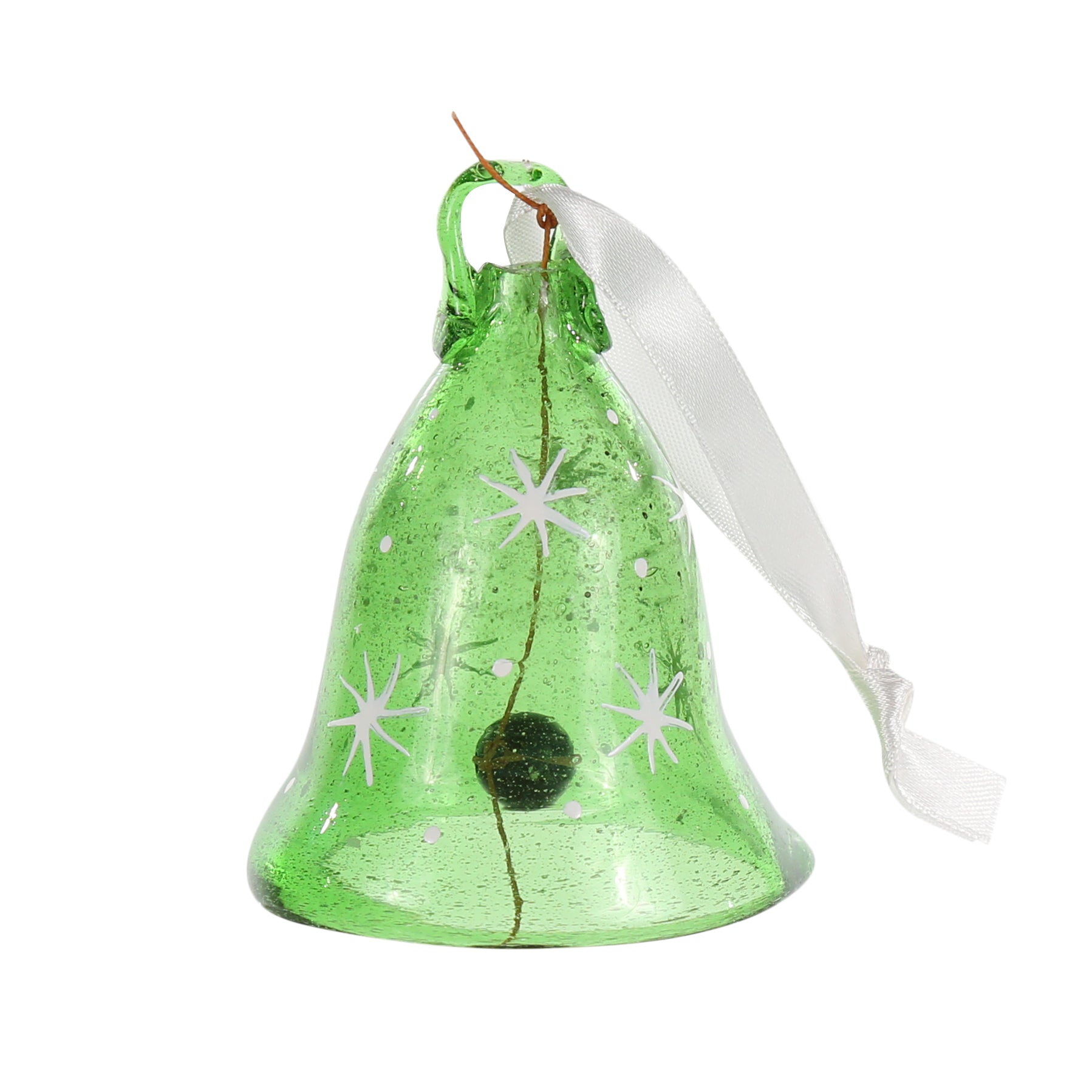 recycled glass Christmas bell decoration in green with white painted stars. Glass dong and white ribbon. Made in Bethlehem