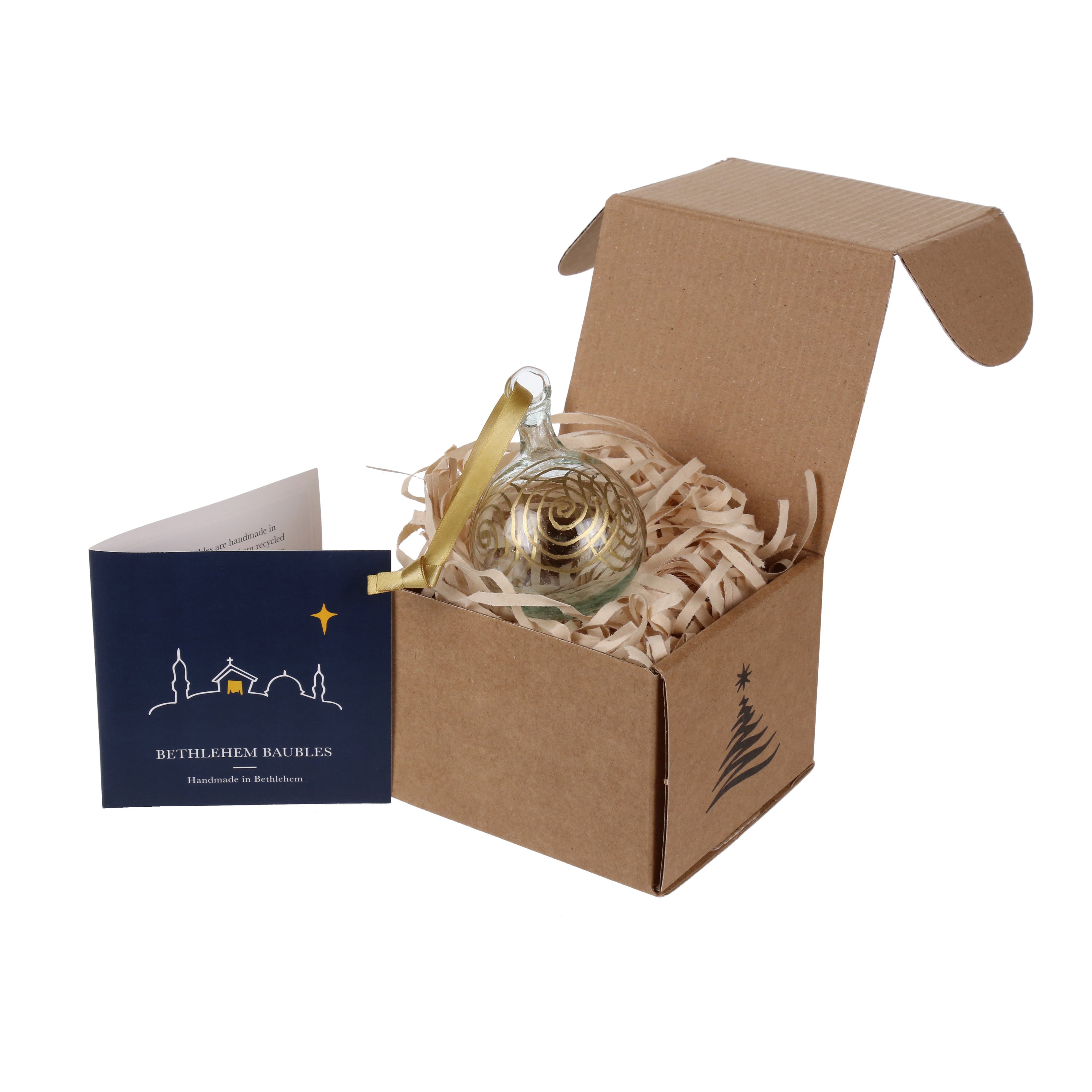 Bethlehem Baubles Clear glass Christmas Decoration with gold squirl and gold ribbon in box