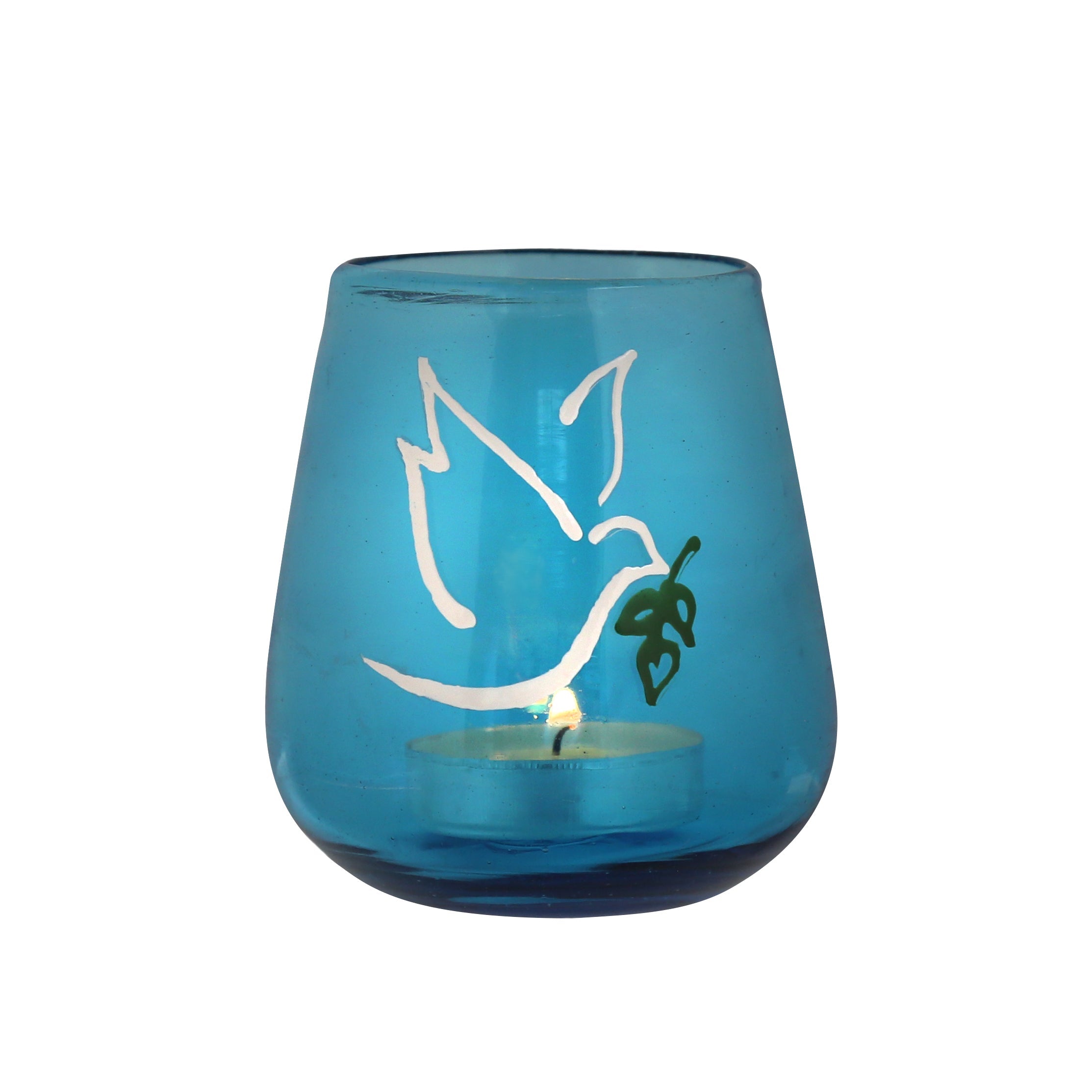 A hand-blown blue glass candle holder with a white dove and olive branch design, representing peace.
