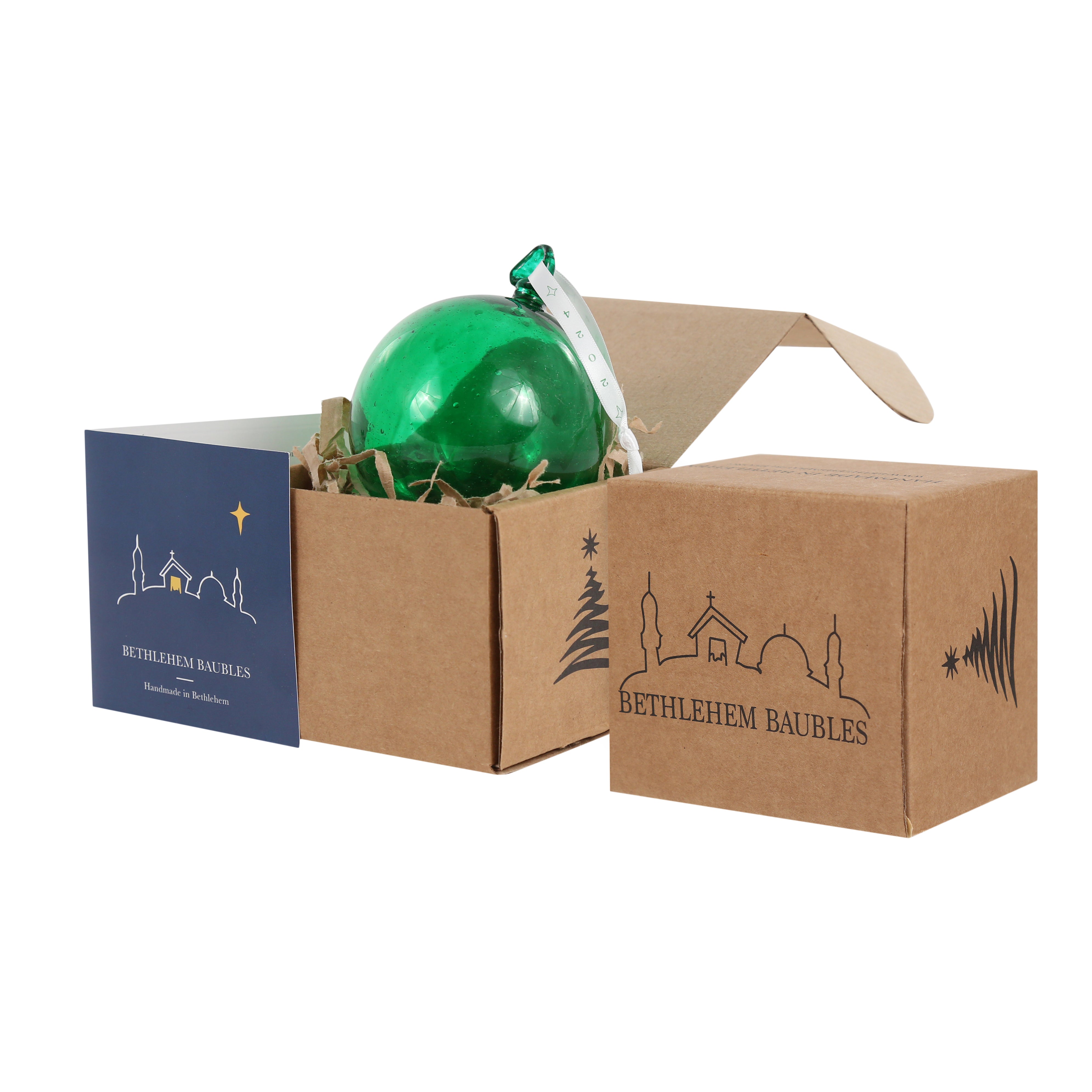 Paint your own hand-blown green glass bauble with a (plain) white ribbon attached for hanging. Made in Bethlehem