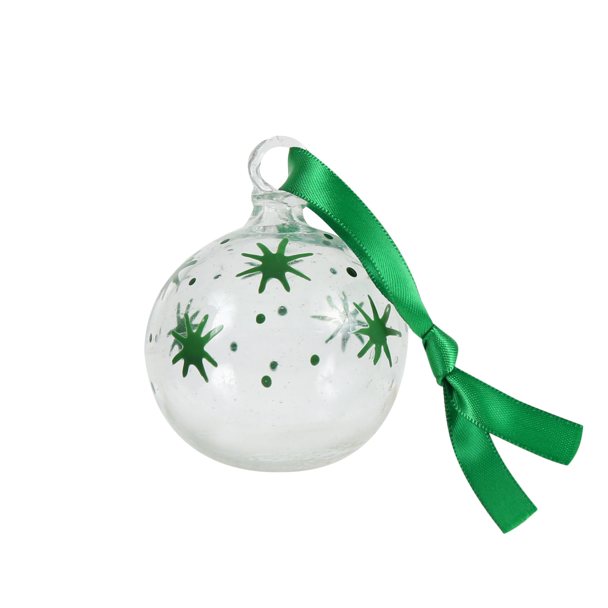 Clear recycled glass painted with green stars hanging on green ribbon.  handmade in Bethlehem