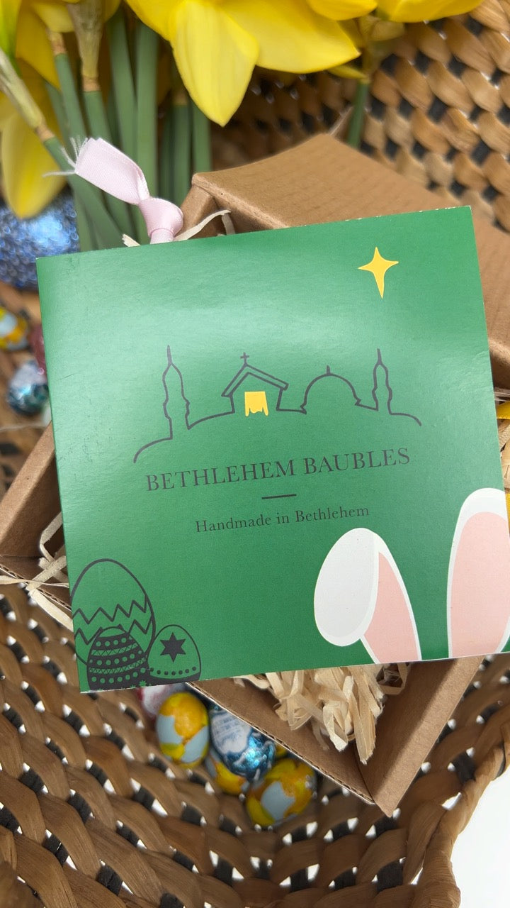 Bethlehem Baubles clear recycled glass Easter Duo Decorations painted with yellow, green and pink spots