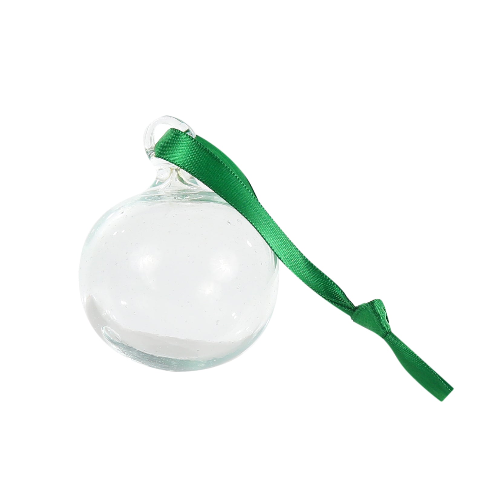 Unpainted clear glass Christmas bauble  hanging from green ribbon.  Handmade in Bethlehem from recycled glass.  Paint your own design.