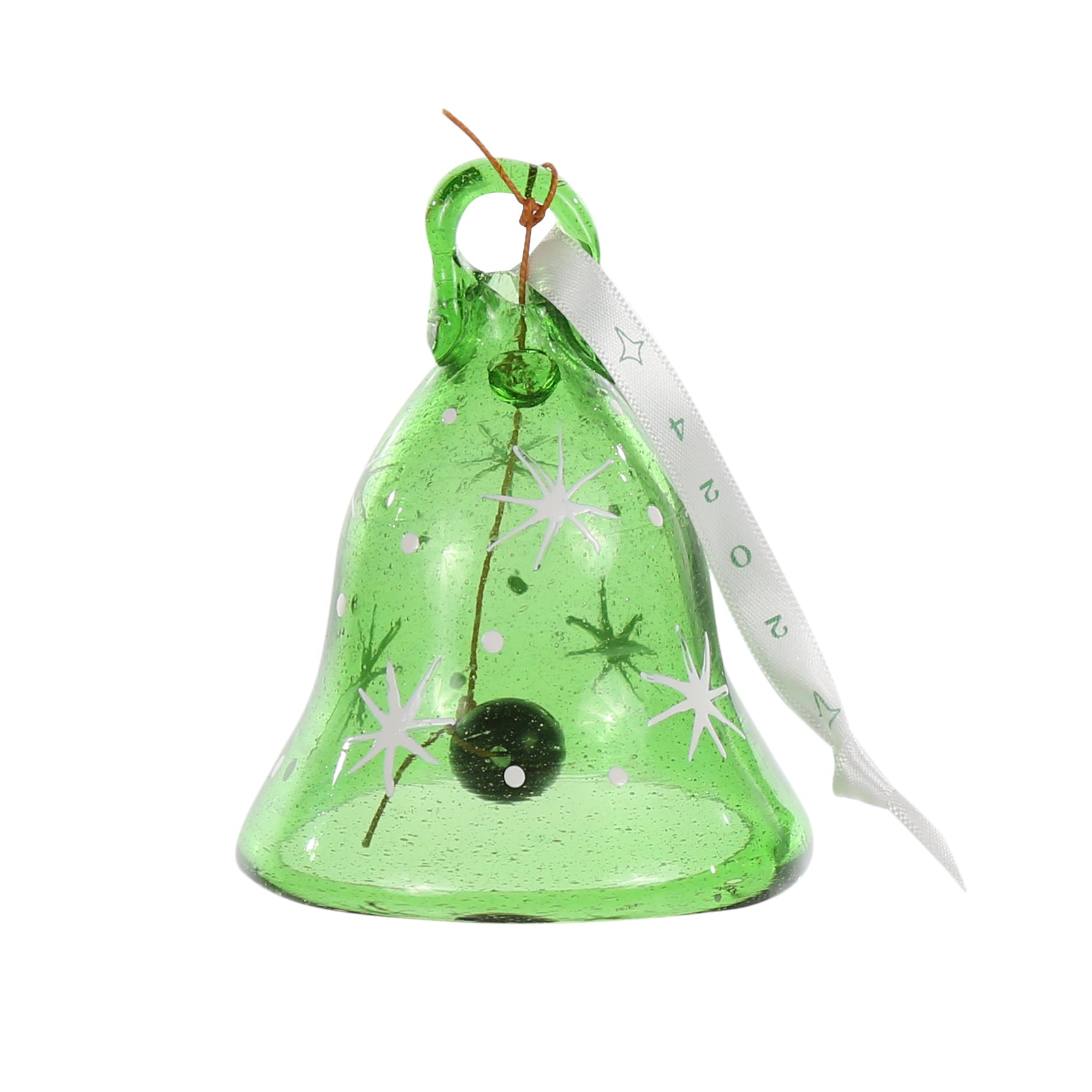 Bethlehem Baubles green glass bell Christmas decoration with glass dong haniging on white ribbon