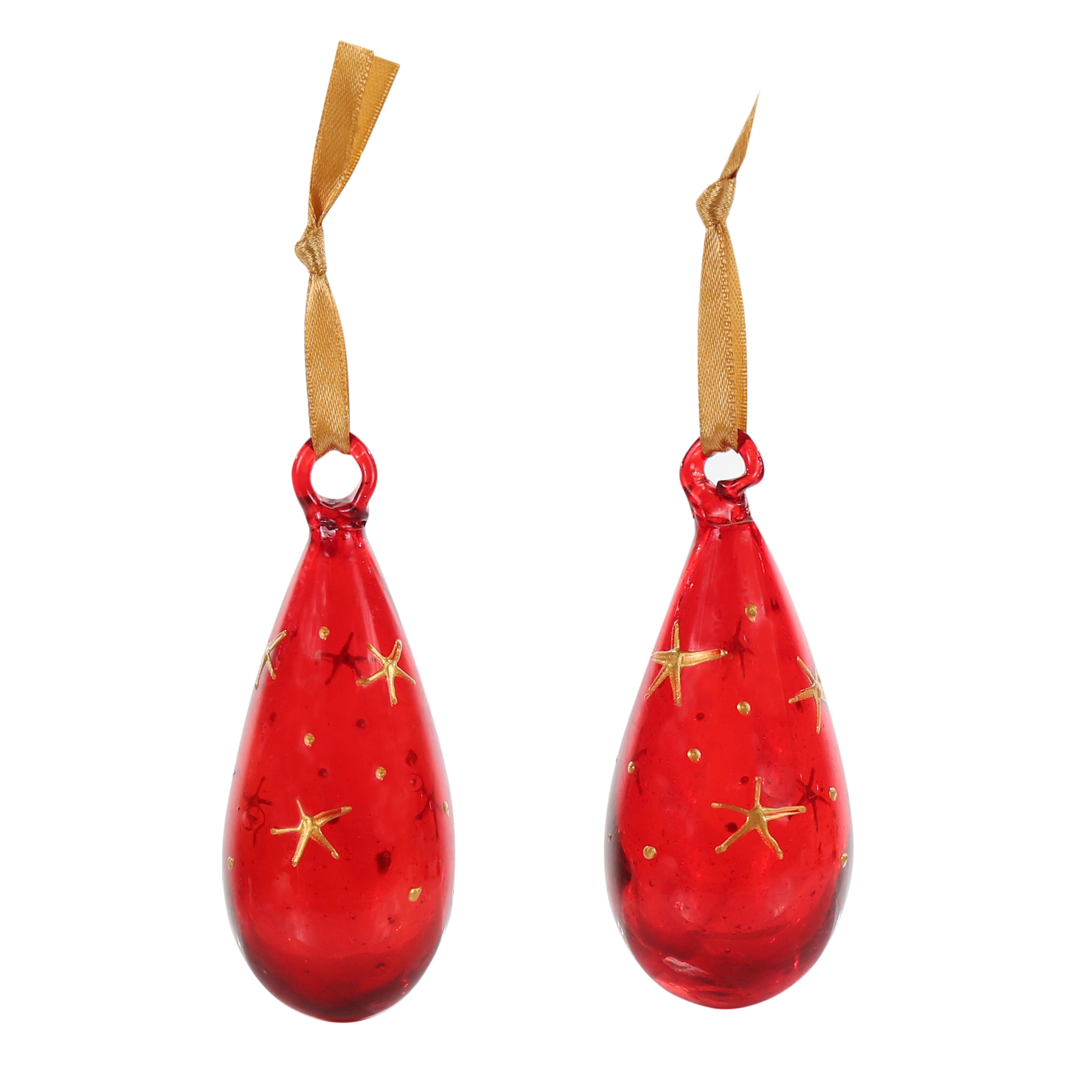 Mini glass Christmas baubles painted with gold stars and hanging on gold ribbon.  handmade in Bethlehem