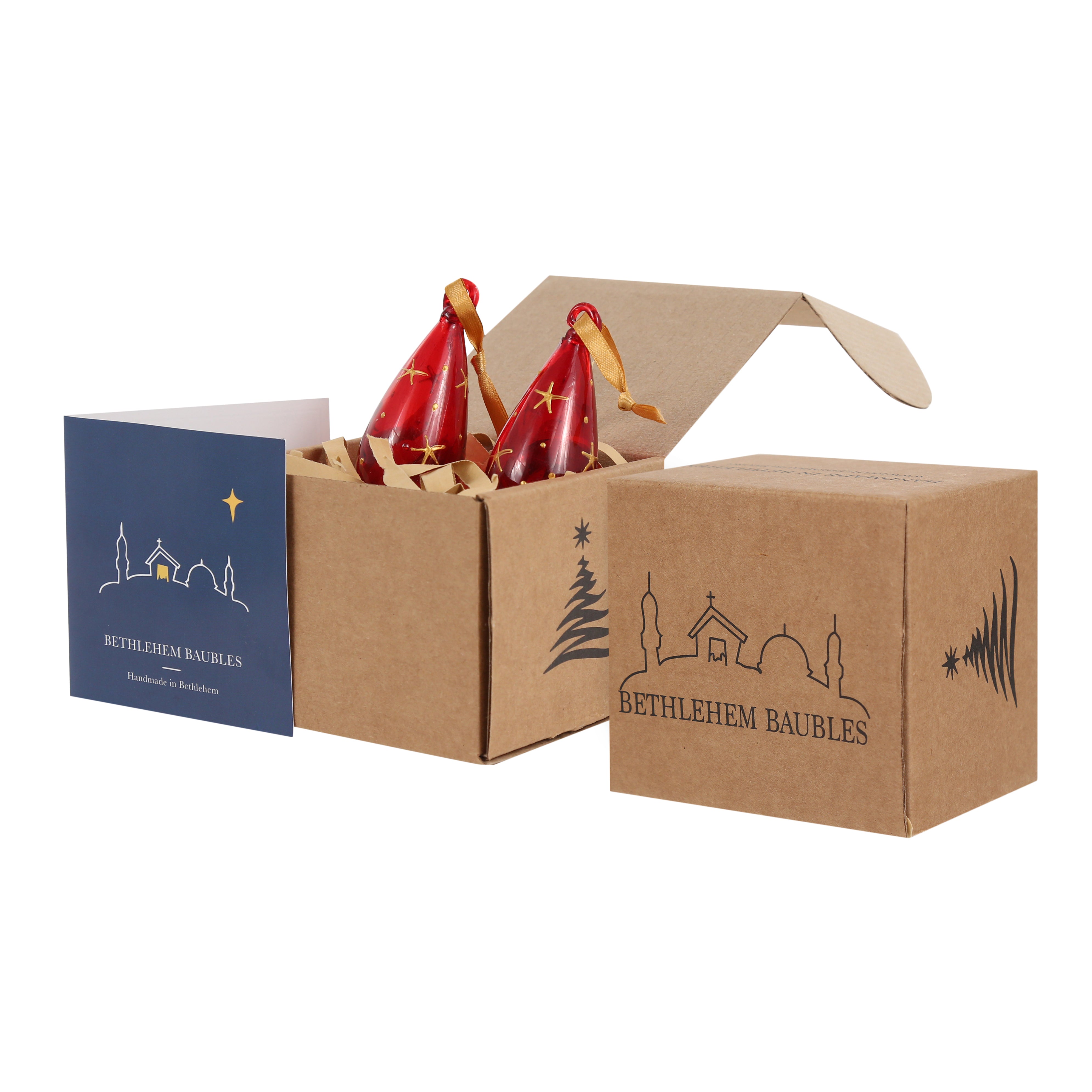 Mini glass Christmas baubles painted with gold stars and hanging on gold ribbon.  handmade in Bethlehem