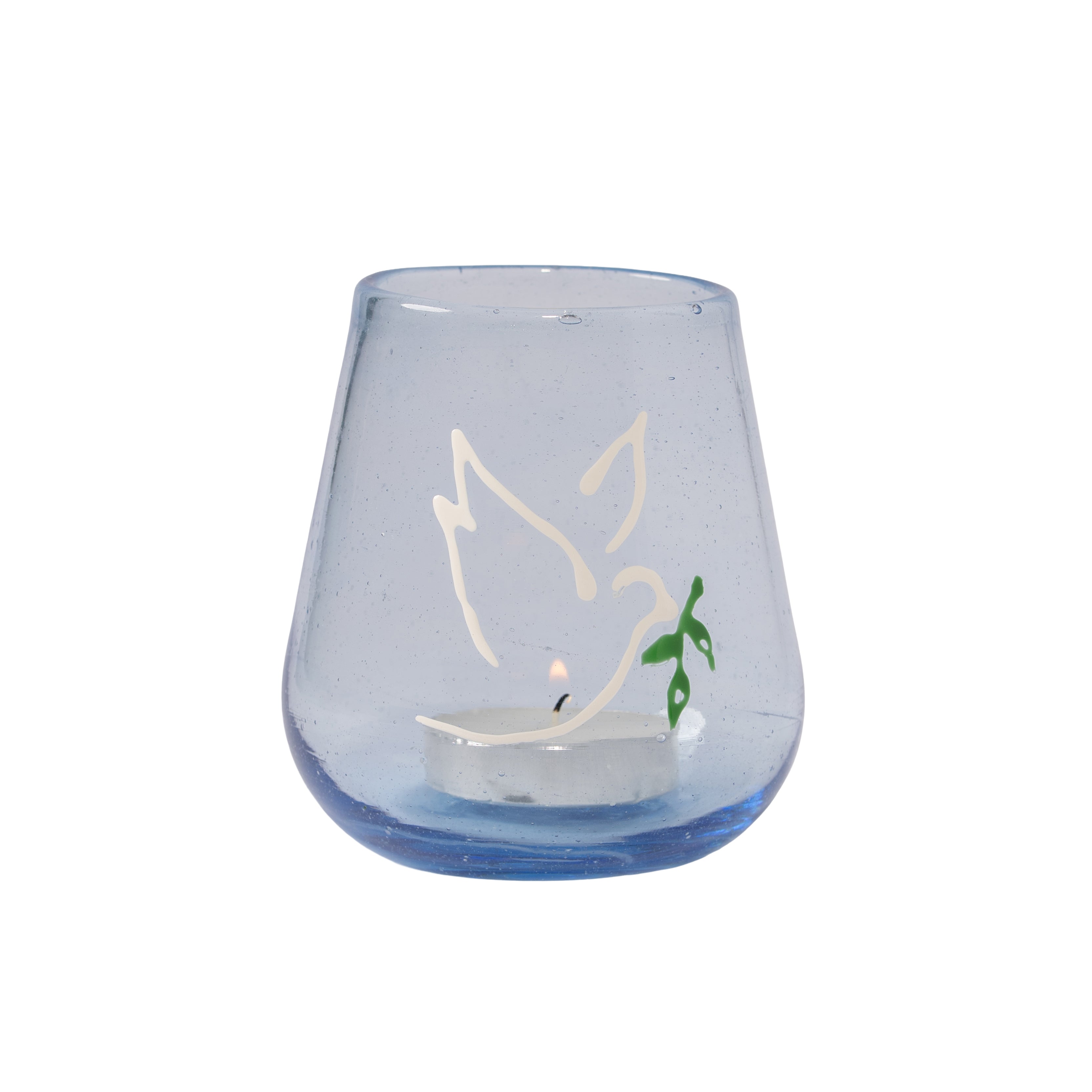Ice Blue Peace Light with white dove and olive branch.  Handmade in Bethlehem from recycled glass