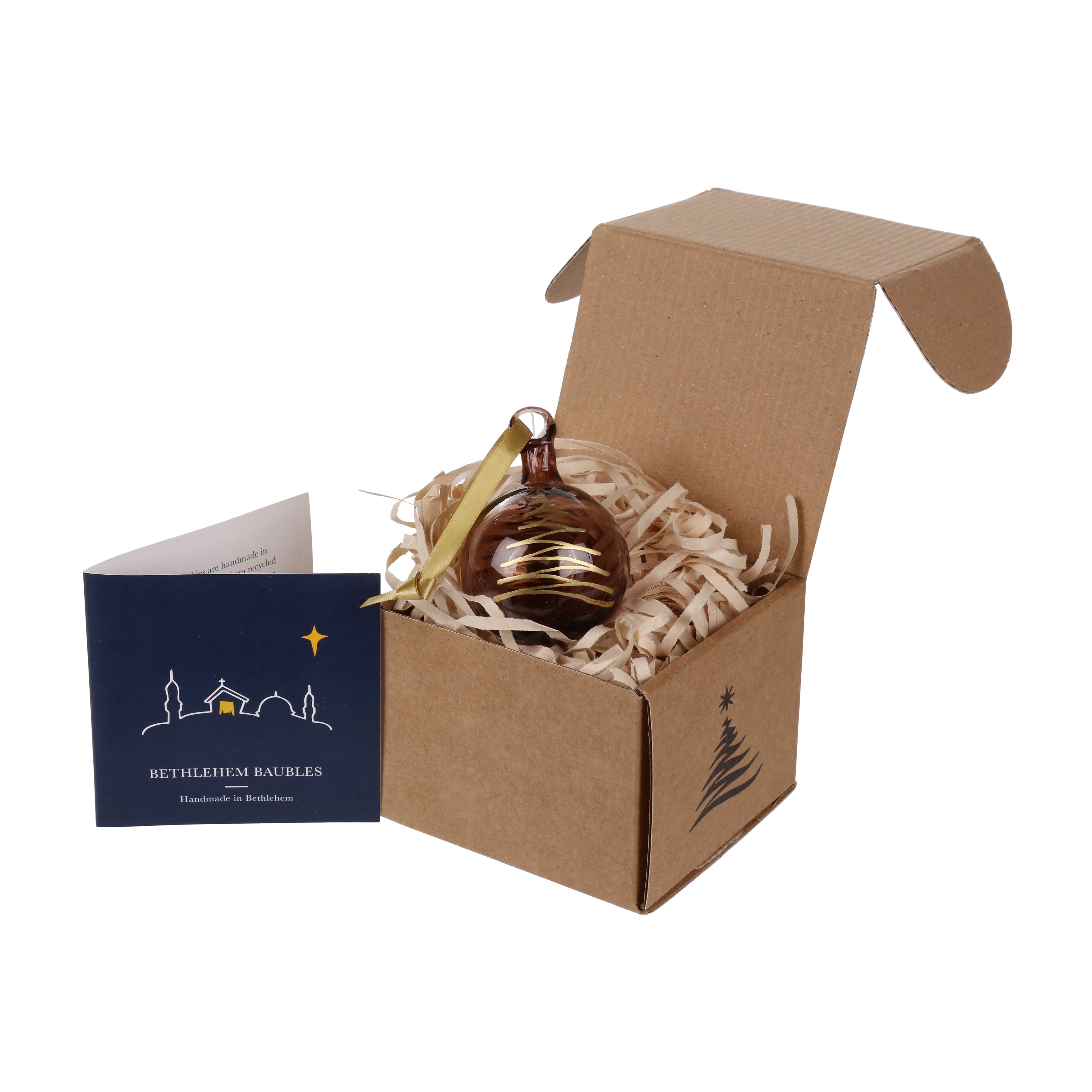 Bethlehem Baubles plum coloured glass bauble painted with gold Christmas tree
